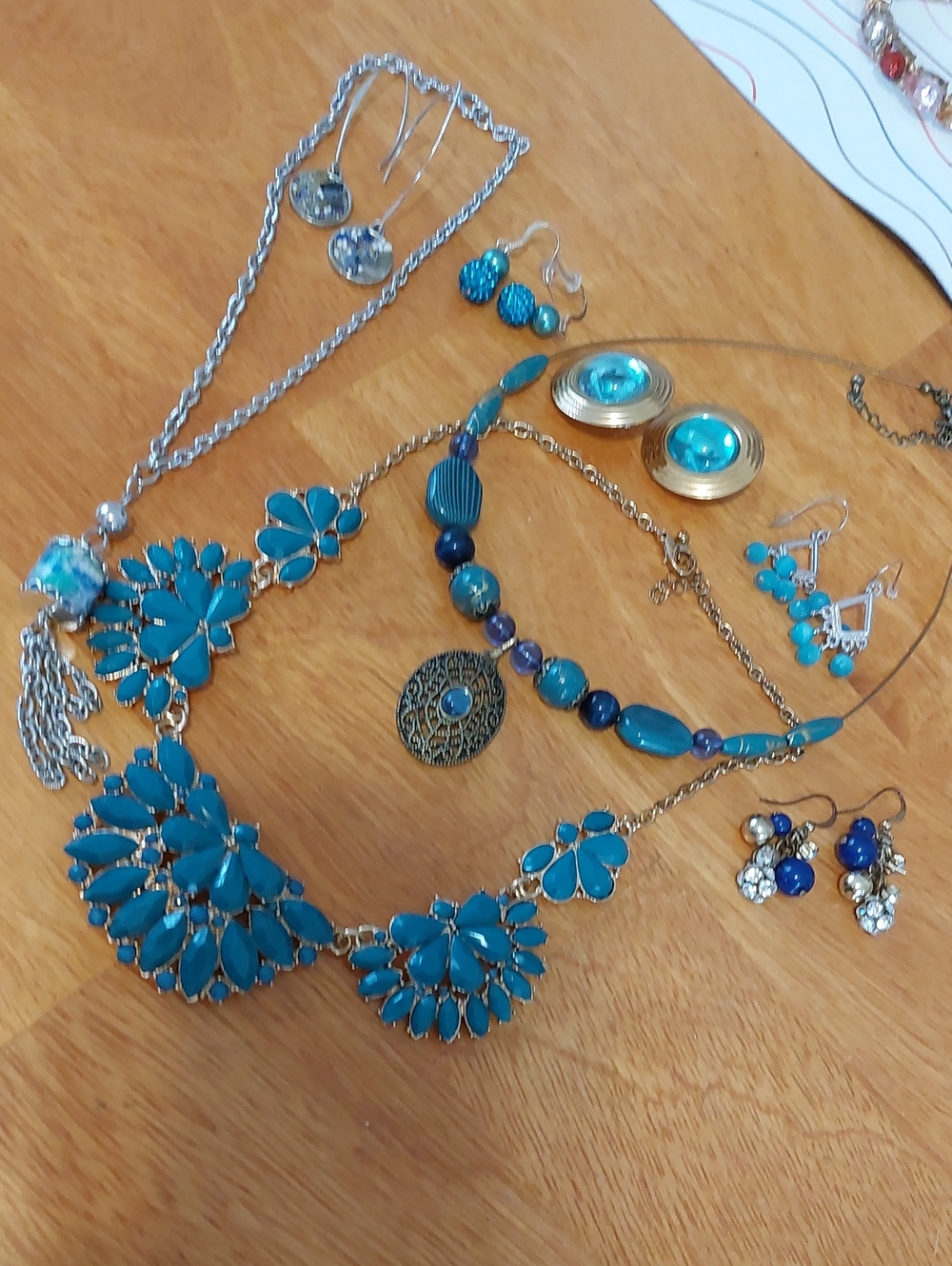 Vintage Teal Turquoise Costume Jewelry Lot 3 Necklaces 5 Pairs Earrings Set Boho